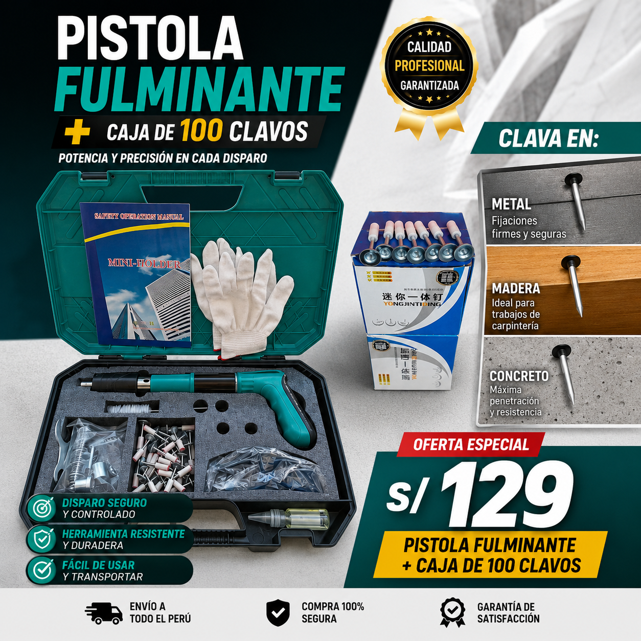 🔥 HERRAMIENTA INDUSTRIAL DE FIJACION DE CLAVOS + 100 Clavos GRATIS🎁